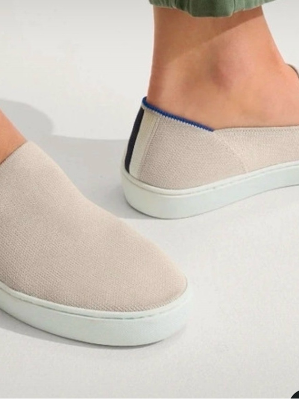 Rothy's Beige Knit Slip-On Moccasins with Navy Trim